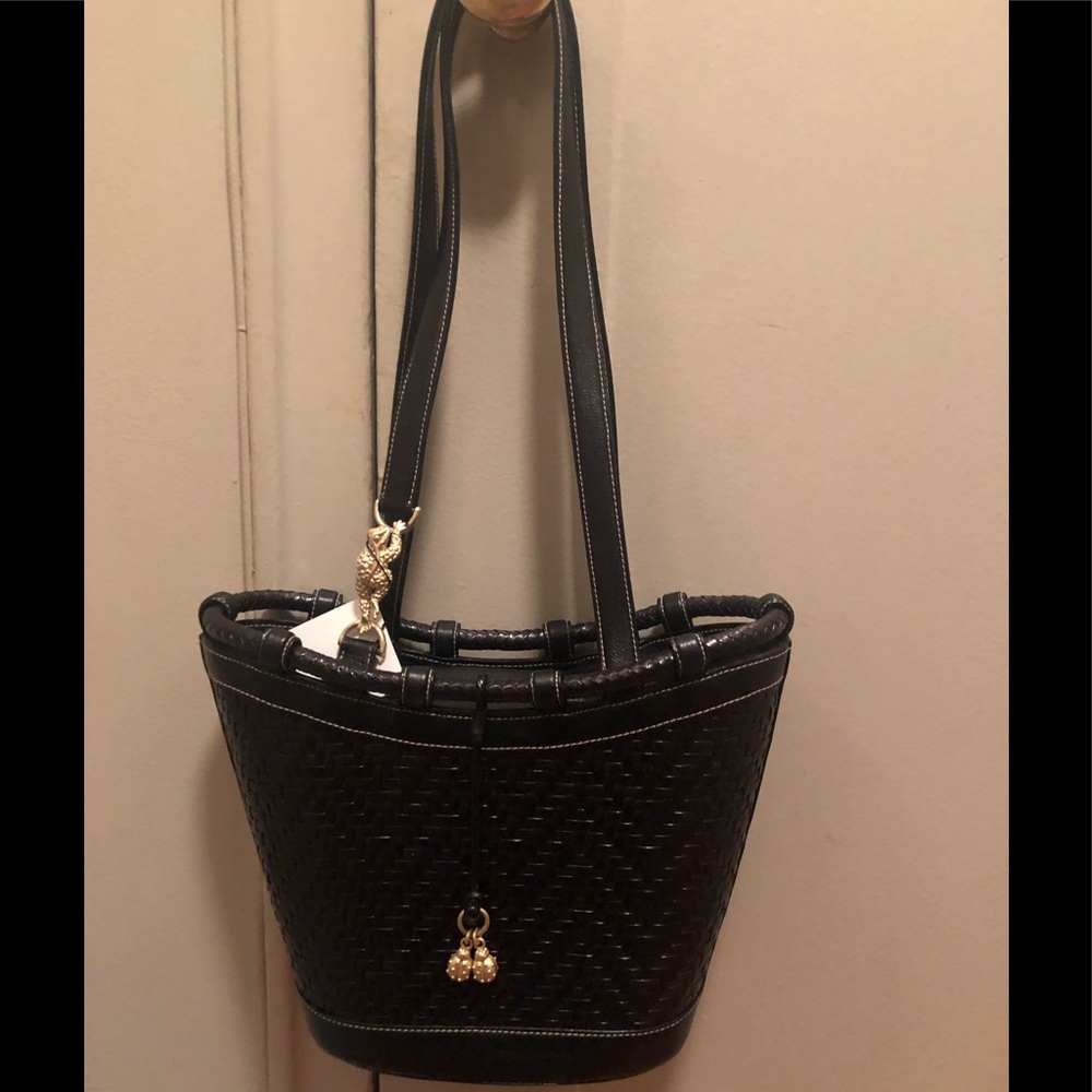 Iconic Vintage Kieselstein Cord black woven leather shoulder bag w/frog/ladybugs